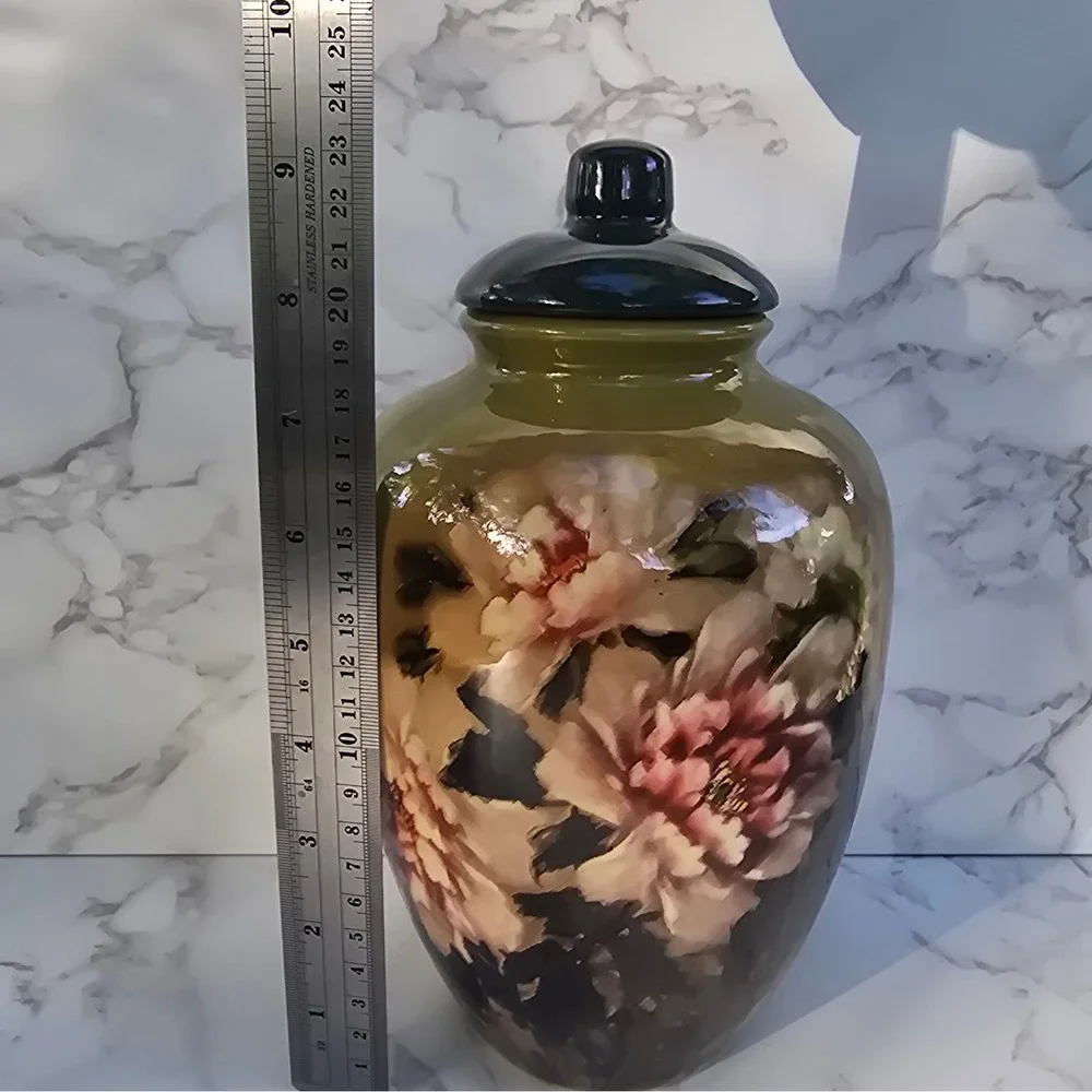 Vintage Peony  Large Floral Ceramic Ginger Jar Yellow Pink Vase Lid